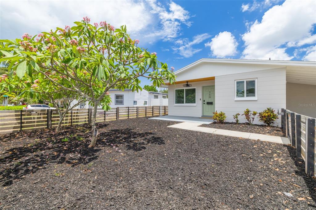 A single-story house with white siding, a light green front door, and a mulched front yard — 710 50TH AVENUE N, ST PETERSBURG, FL