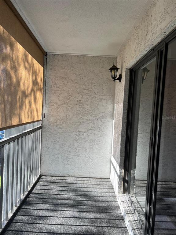 A covered balcony features a textured white wall, a wall-mounted light fixture, and gray carpeting — 1324 S PINE RIDGE CIRCLE UNIT D2, SANFORD, FL