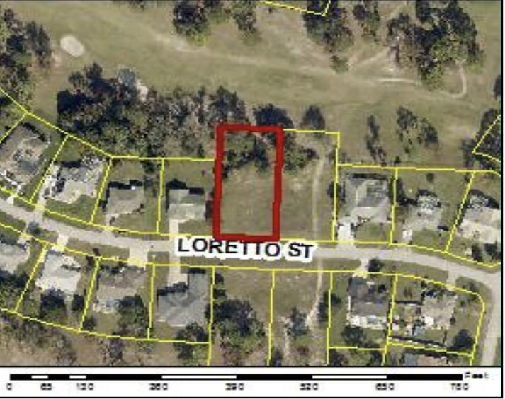An aerial map view shows a vacant rectangular lot outlined in red on a street — 0 Tbd Loretto Lot 5 Street, Spring Hill FL 34608, SPRING HILL, FL