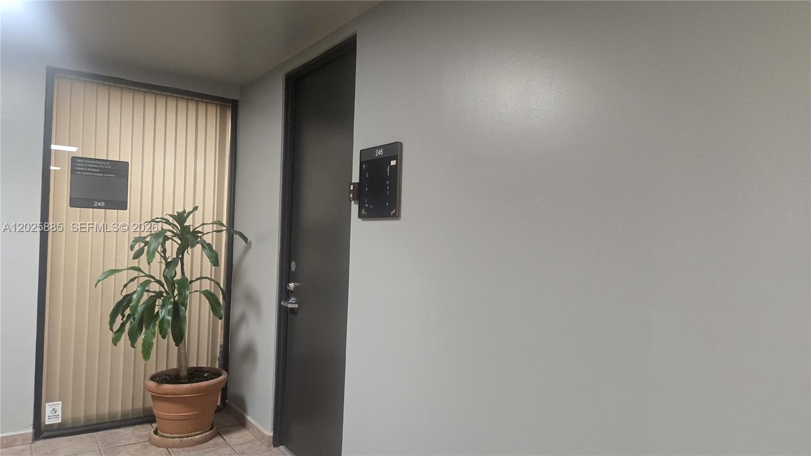 A hallway features a dark door labeled 246, a potted plant, and a glass-paneled door — 8370 W Flagler St # 246, Miami FL 33144, MIAMI, FL