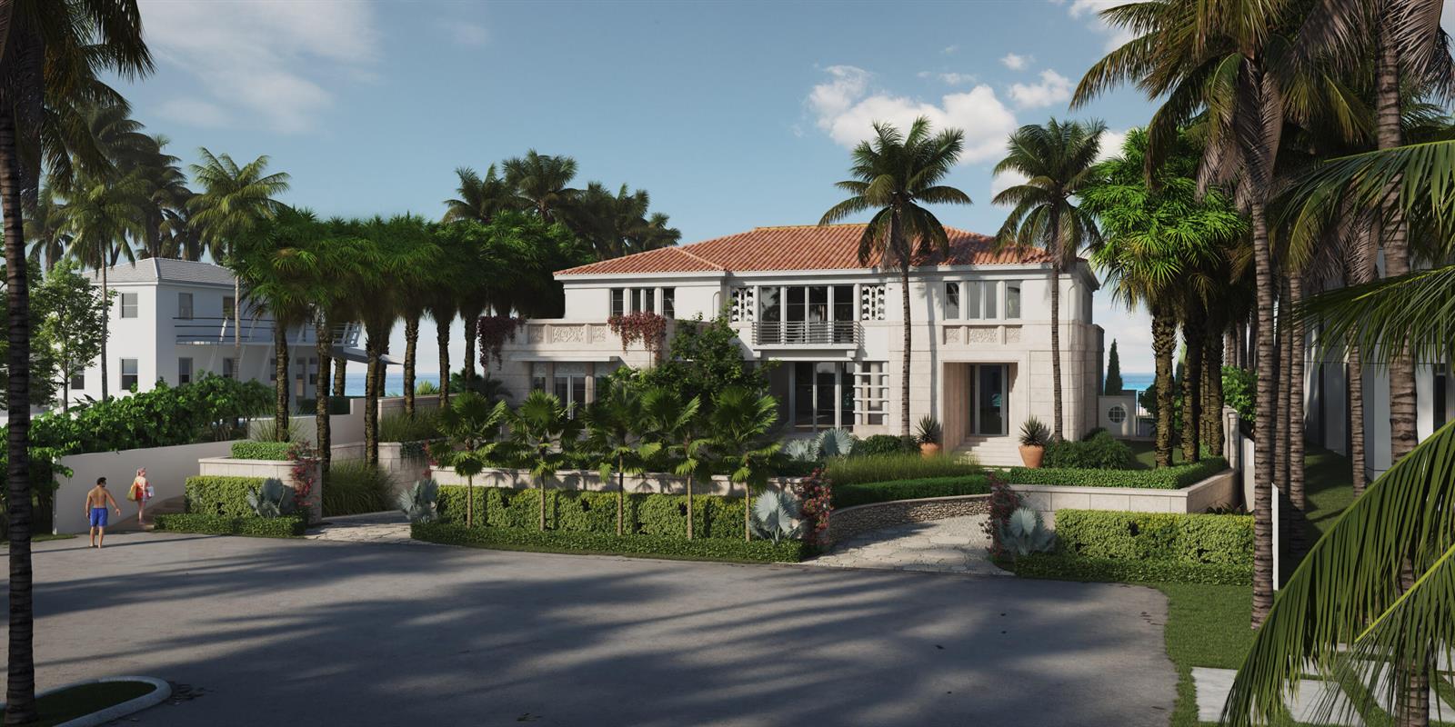 A rendering of a two-story Mediterranean-style house with a tile roof and palm trees — 7 Ocean Lane, Palm Beach FL 33480, PALM BEACH, FL