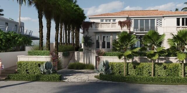 This is a rendering of a multi-story Mediterranean-style home with palm trees and landscaping — 7 Ocean Lane, Palm Beach FL 33480, PALM BEACH, FL
