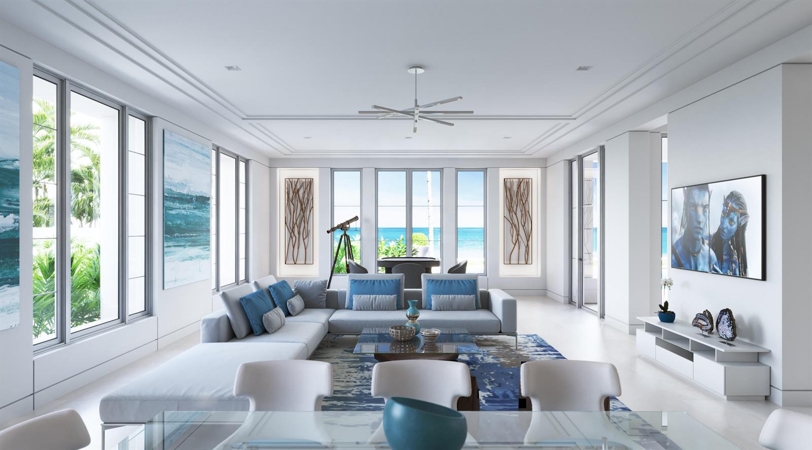 This rendering shows a modern living room with a sectional sofa, ocean views, and television — 7 Ocean Lane, Palm Beach FL 33480, PALM BEACH, FL