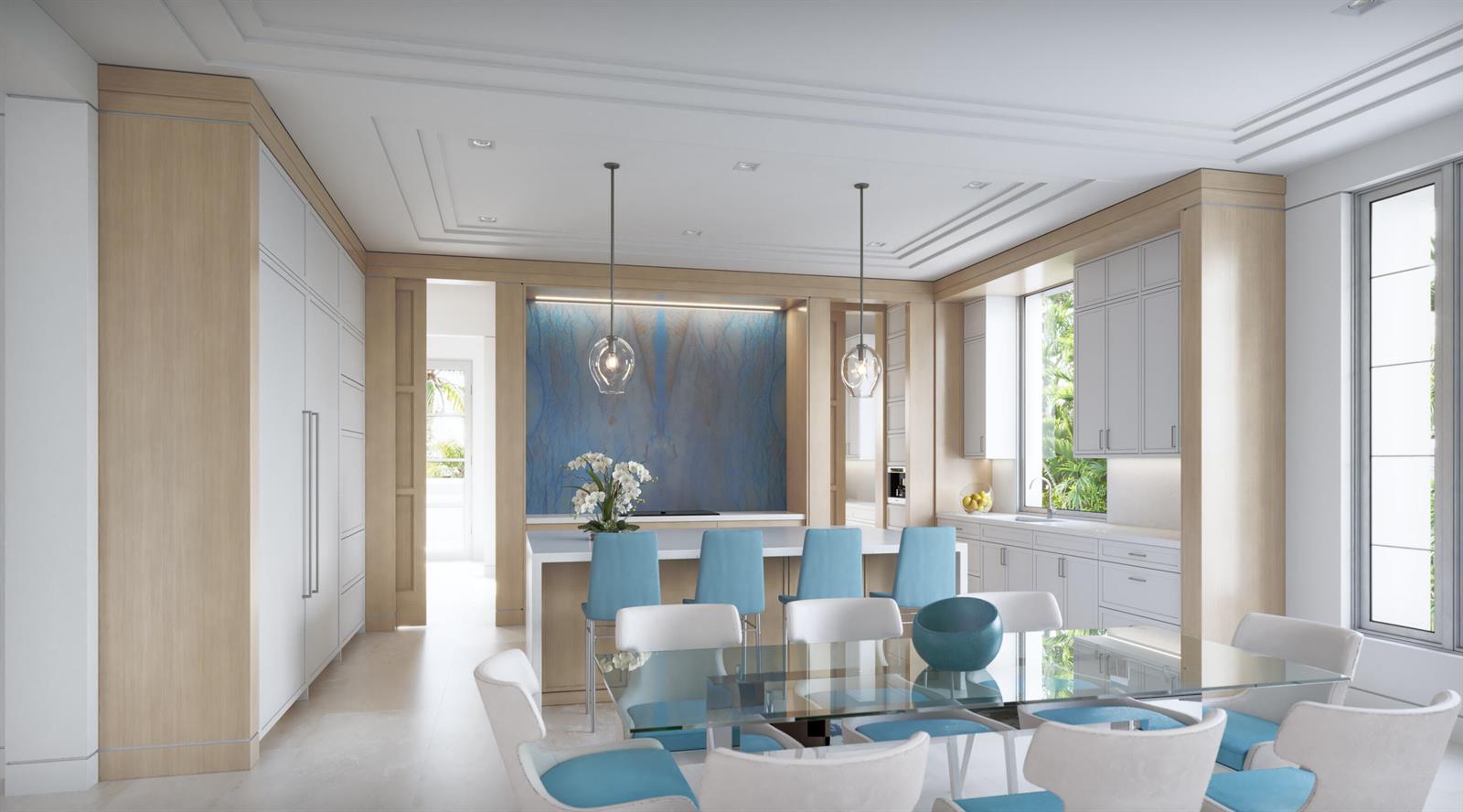 This rendering shows a modern kitchen and dining area with light wood cabinetry and blue accents — 7 Ocean Lane, Palm Beach FL 33480, PALM BEACH, FL