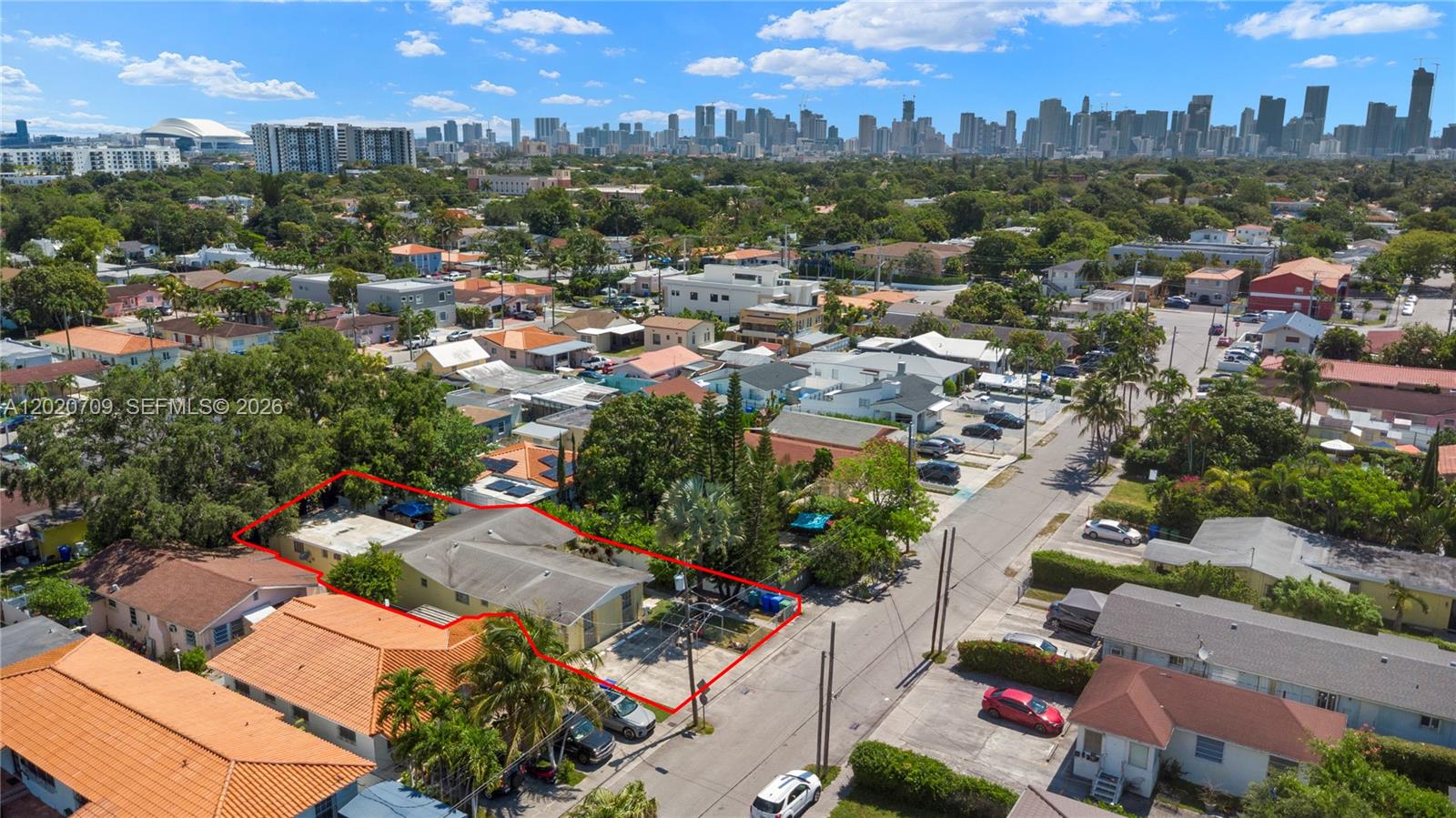 An aerial view shows a single-story house outlined in red within a residential neighborhood — 2275 SW 15th St, Miami FL 33145, MIAMI, FL