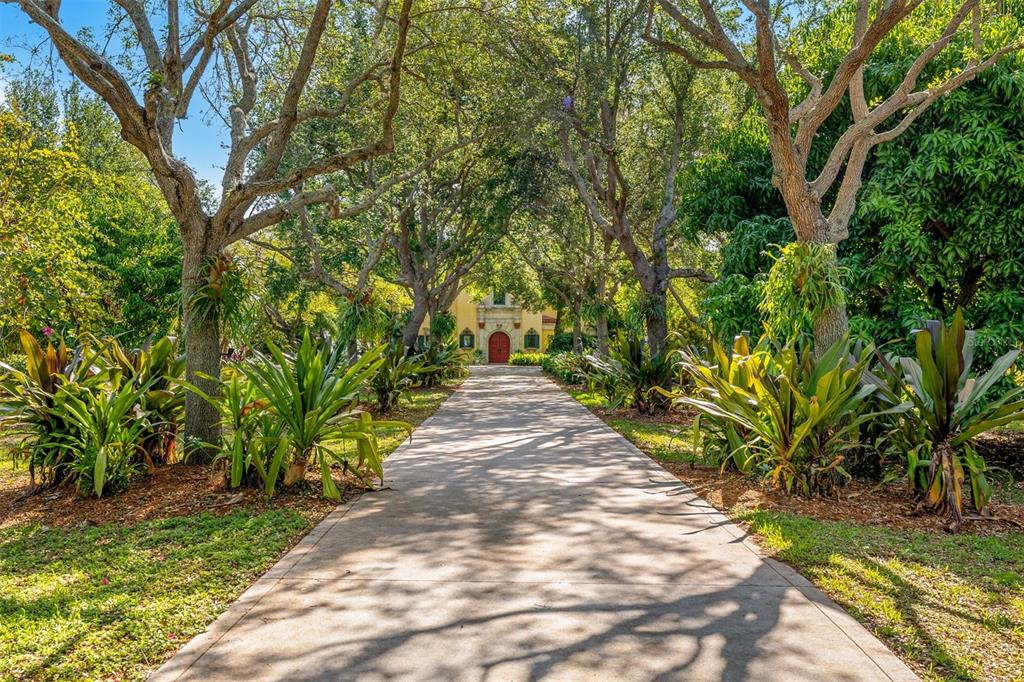 A paved driveway leads through a tree-lined path toward a house with a red door — 9340 S TROPICAL TRAIL, MERRITT ISLAND, FL