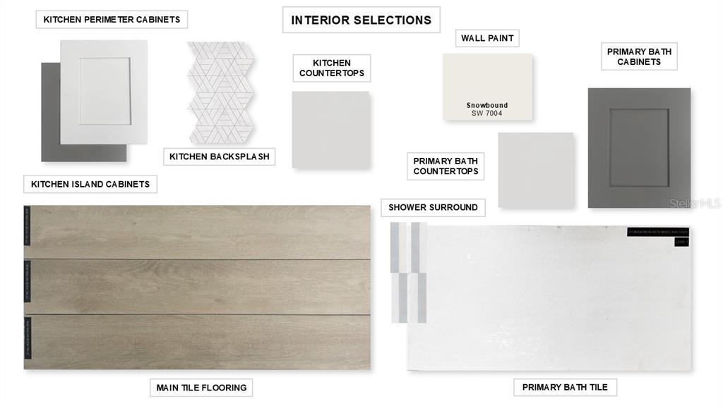 This interior design mood board displays samples of flooring, cabinetry, countertops, tile, and wall paint — 3817 109TH STREET EAST, PALMETTO, FL