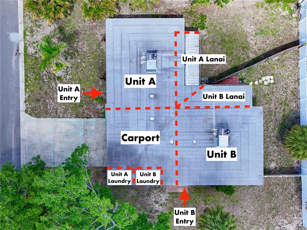 An aerial view of a duplex building with labeled units, a carport, and laundry areas — 993 GARY STREET UNIT A & B, SARASOTA, FL