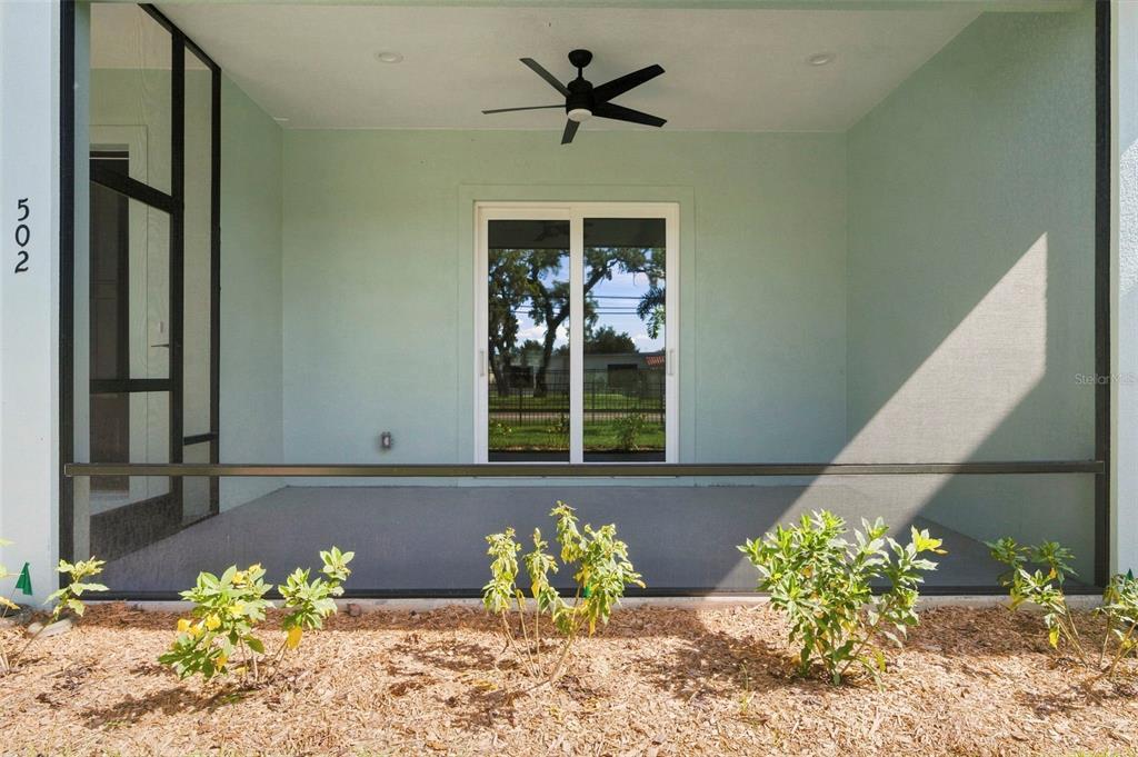 A covered patio with a ceiling fan, screen enclosure, and sliding glass doors — 502 BELTREES STREET, DUNEDIN, FL