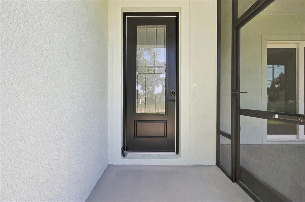 A dark front door with a glass insert sits on a porch next to a screen — 502 BELTREES STREET, DUNEDIN, FL