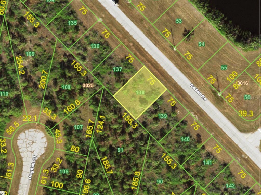 This is a property map showing lot 138 highlighted in yellow along Sedan Road — 12367 SEDAN ROAD, PLACIDA, FL