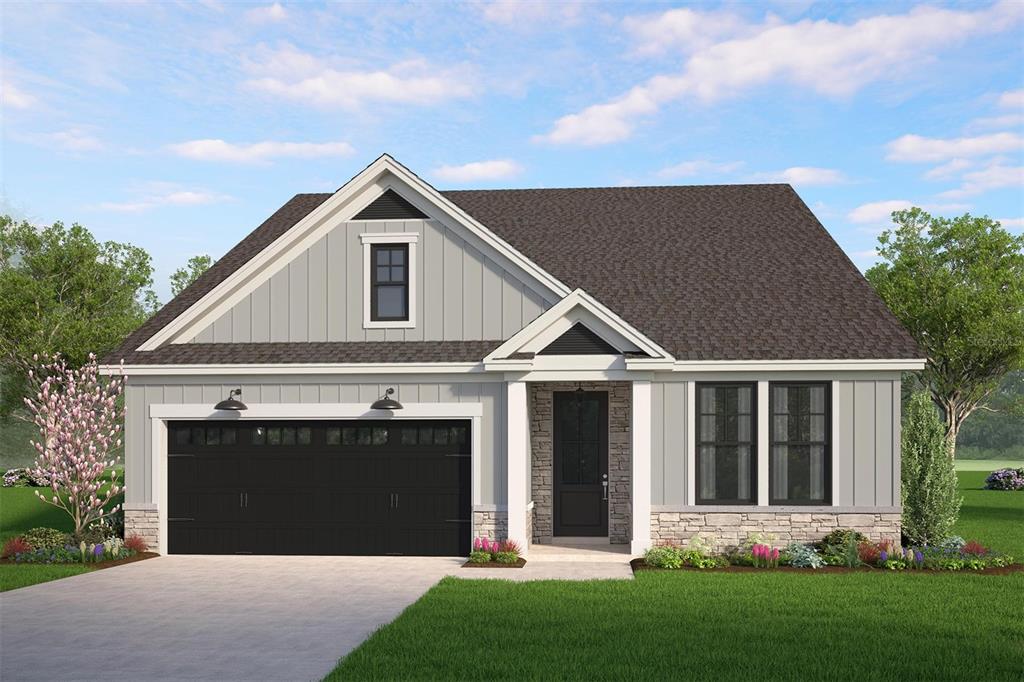 A digital rendering of a single-story house with gray vertical siding, stone accents, and a garage — 25 RYECLIFFE DRIVE, PALM COAST, FL