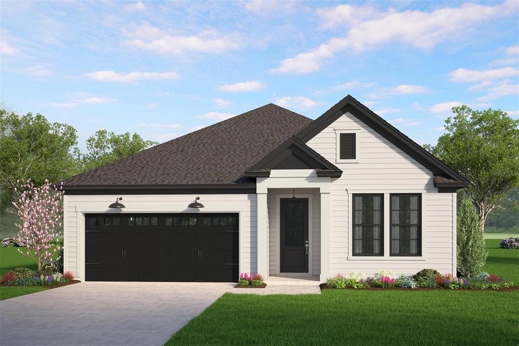 A digital rendering of a single-story house with white siding, a black garage, and roof — 25 RYECLIFFE DRIVE, PALM COAST, FL