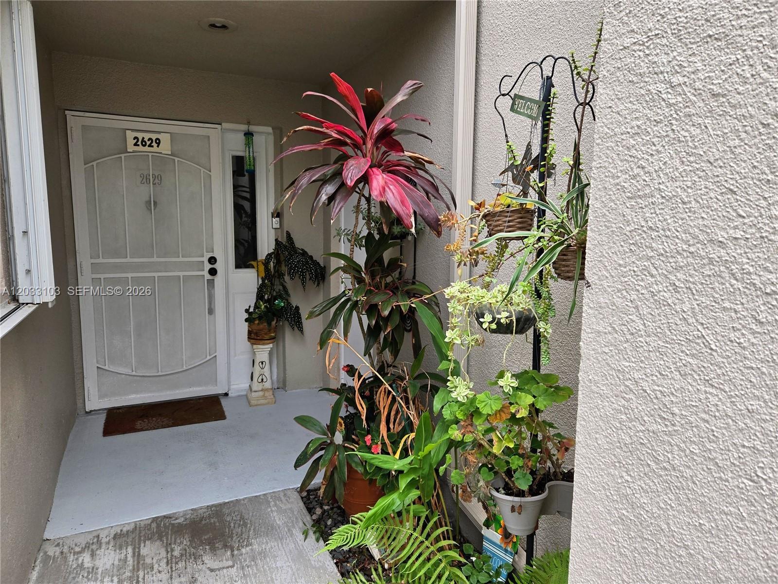 A front entryway features a white security door, a potted ti plant, and hanging plants — 2629 SE 21st Ct # C, Homestead FL 33035, HOMESTEAD, FL