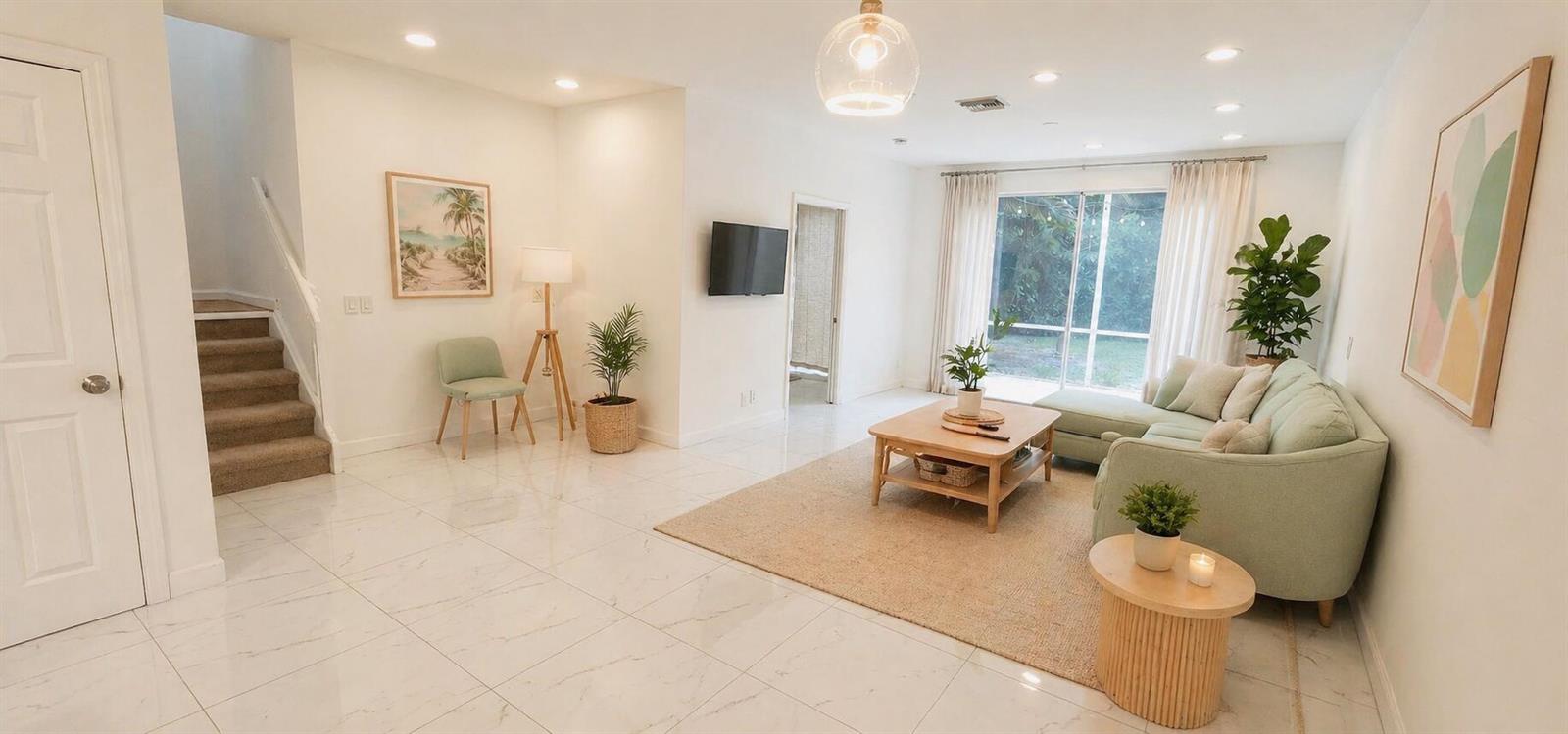 A bright living room features white tile floors, a light green sectional sofa, and stairs — 6698 Via  Regina, Boca Raton FL 33433, BOCA RATON, FL