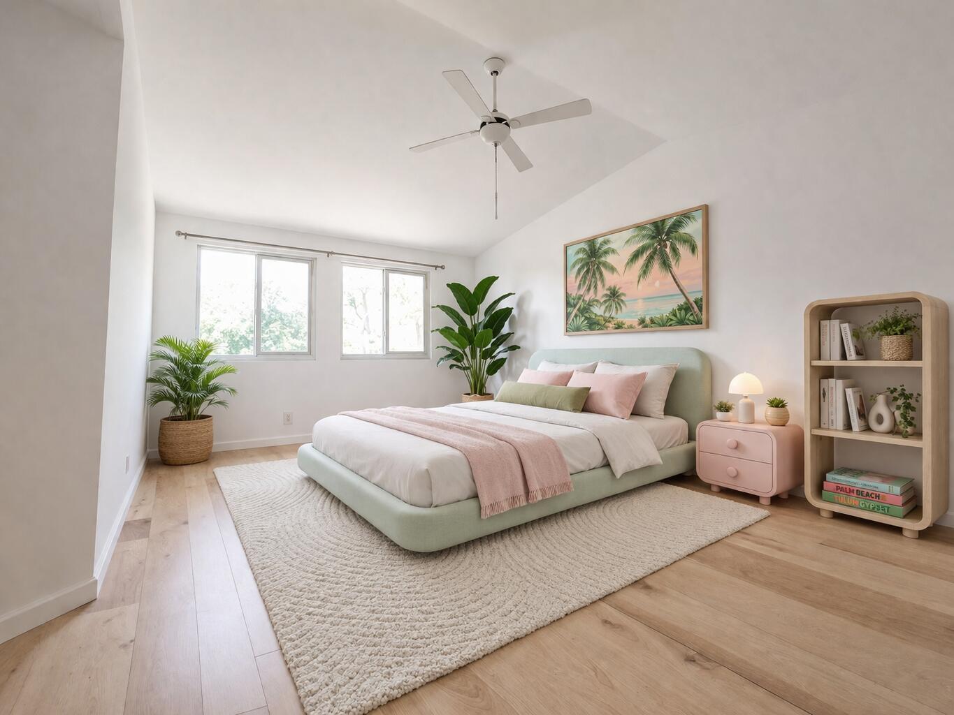 A bright bedroom features a light green bed, pink nightstand, and a tropical wall painting — 6698 Via  Regina, Boca Raton FL 33433, BOCA RATON, FL