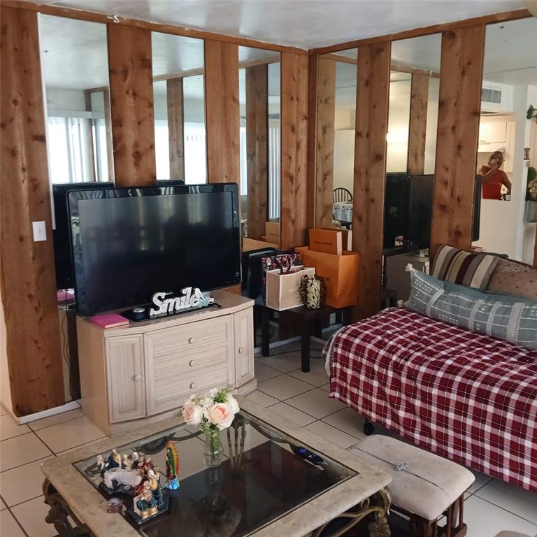 A living room features a television on a cabinet, a plaid daybed, and mirrored walls — 8609 N CHAMPLAIN COURT UNIT 77, TAMPA, FL