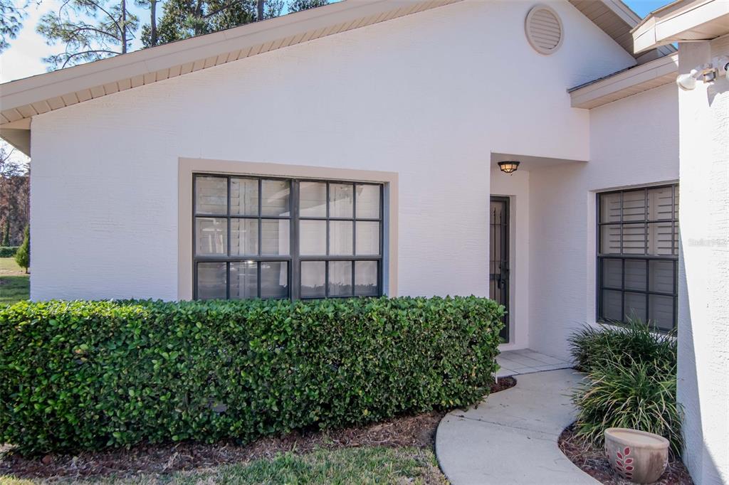 A white house exterior features a front entrance, a large window, and a manicured hedge — 9500 GREEN NEEDLE DRIVE, NEW PORT RICHEY, FL
