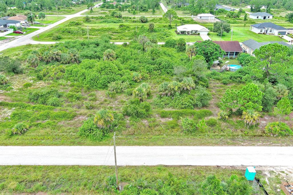 An aerial view of a vacant, overgrown residential lot with surrounding houses and a road — 928 NORFOLK AVENUE S, LEHIGH ACRES, FL