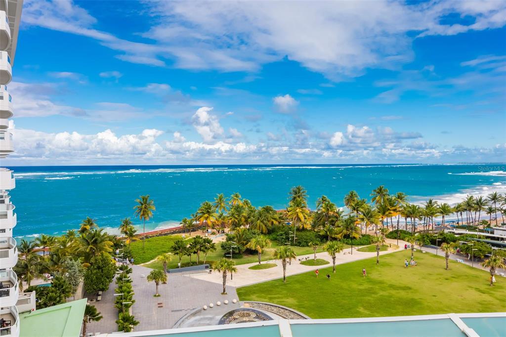 An elevated view of a grassy park, palm trees, and the ocean from a balcony — 1052 ASHFORD AVENUE UNIT 8A, SAN JUAN, PR