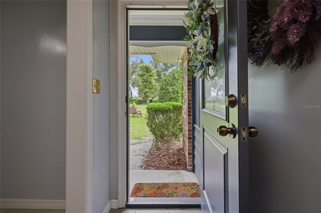 An open front door reveals a view of a front yard with a bush and trees — 1638 SW KING STREET, LAKE CITY, FL