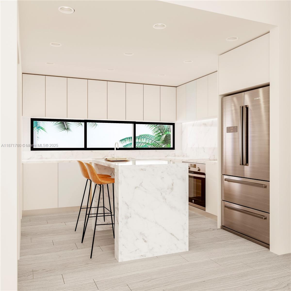 This is a rendering of a modern kitchen featuring white cabinetry, marble countertops, and stainless appliances — 330 76th St # 5, Miami Beach FL 33141, MIAMI BEACH, FL