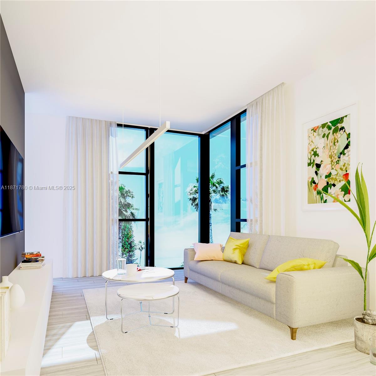 This is a rendering of a modern living room featuring a sofa, coffee tables, and floor-to-ceiling windows — 330 76th St # 5, Miami Beach FL 33141, MIAMI BEACH, FL