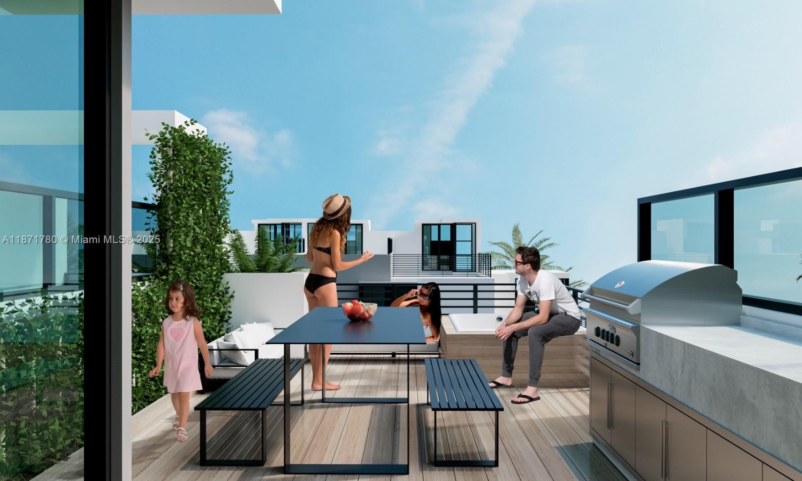 This rendering shows a modern rooftop terrace featuring a dining table, grill, and lounge area — 330 76th St # 5, Miami Beach FL 33141, MIAMI BEACH, FL