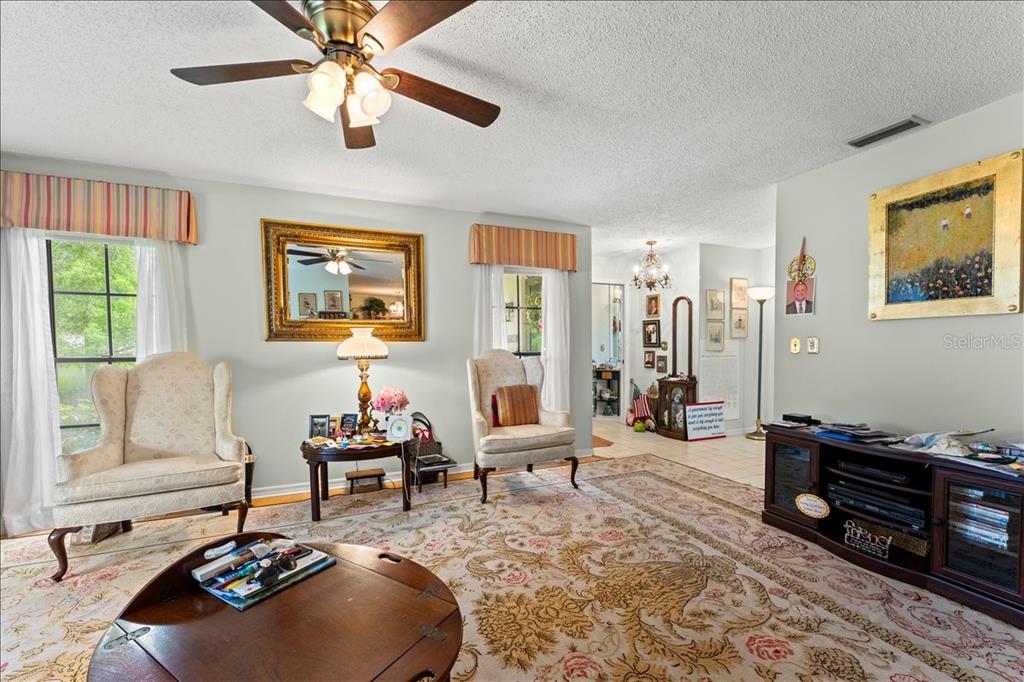 A living room features two wingback chairs, a patterned area rug, and a ceiling fan — 13014 VILLAGE CHASE CIRCLE, TAMPA, FL