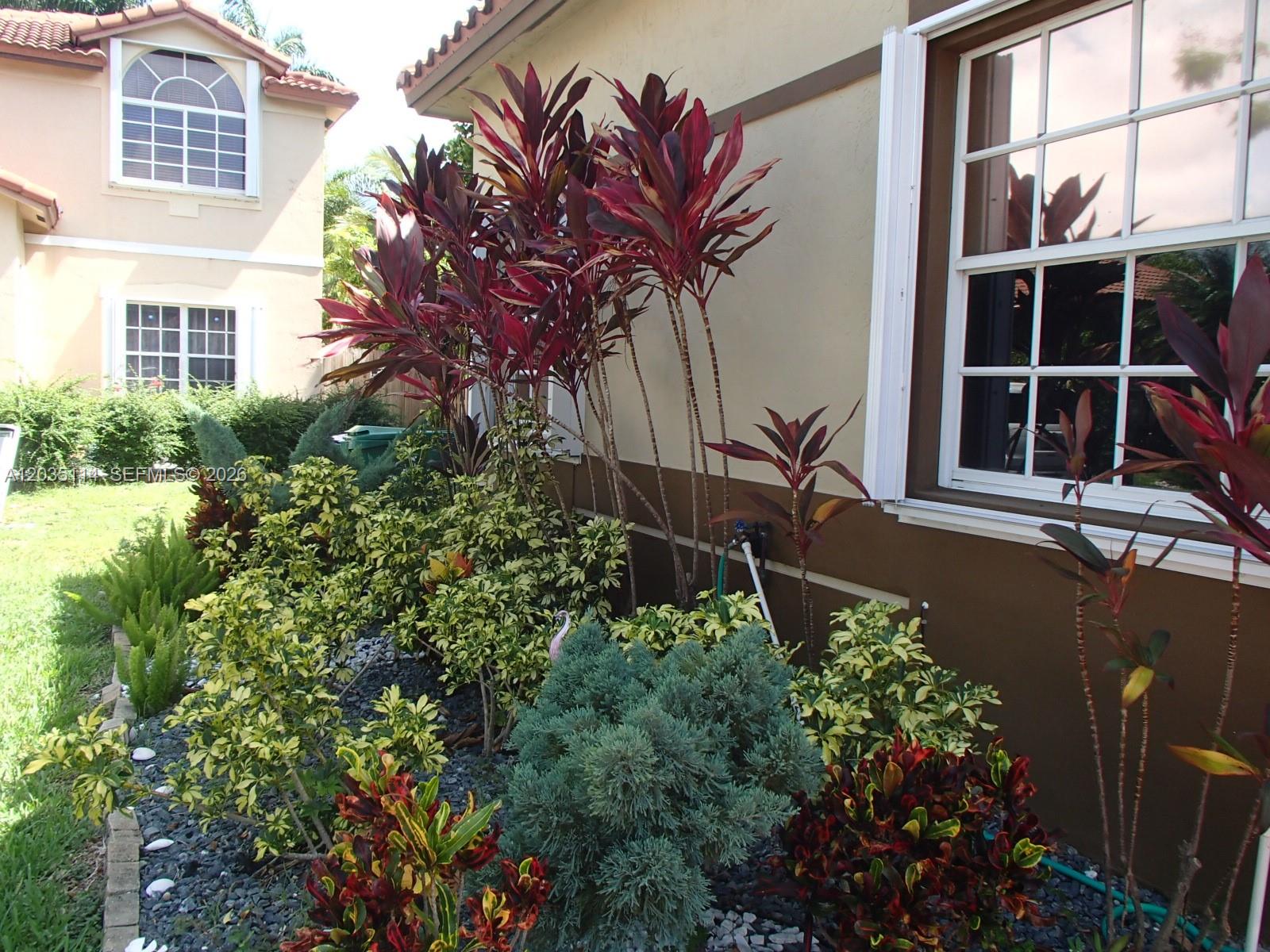 A landscaped garden bed with colorful tropical plants sits against the side of a house — CUTLER BAY, FL
