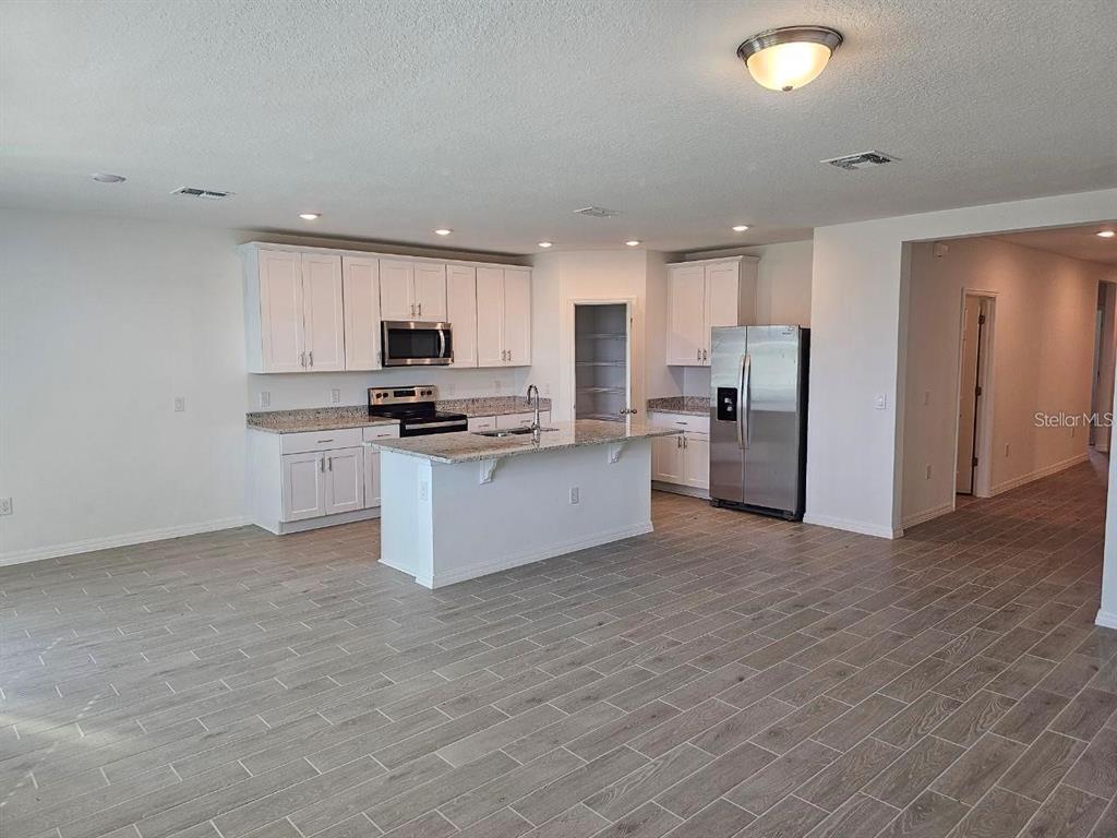 A kitchen features white cabinets, granite countertops, stainless steel appliances, and gray wood-look tile flooring — 5309 MADDIE DRIVE, HAINES CITY, FL