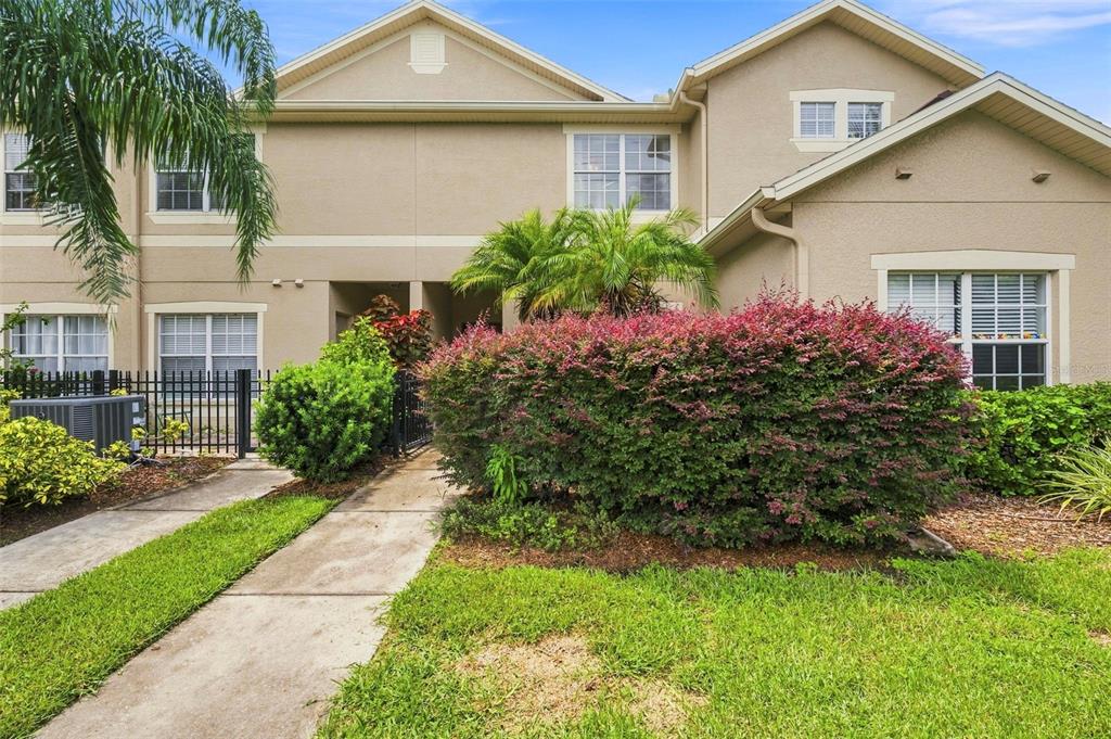 A two-story townhouse exterior with a concrete walkway, manicured lawn, and large landscaping bushes — 11082 WINTER CREST DRIVE, RIVERVIEW, FL