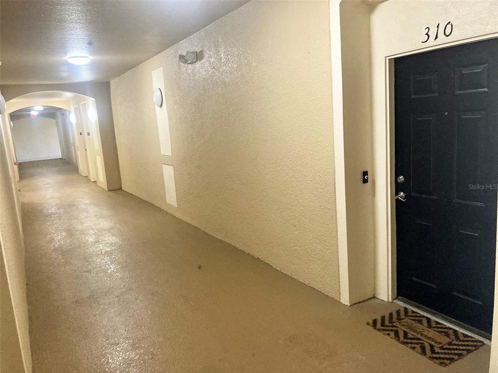 A hallway with beige walls and a dark door labeled 310 leads to an exit — 2484 SAN TECLA STREET UNIT 310, ORLANDO, FL