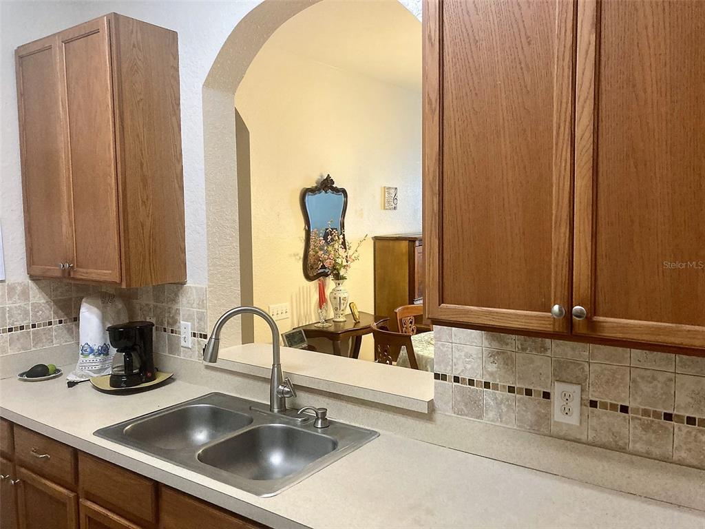 A kitchen sink and cabinets are shown with a pass-through window looking into a dining area — 2484 SAN TECLA STREET UNIT 310, ORLANDO, FL