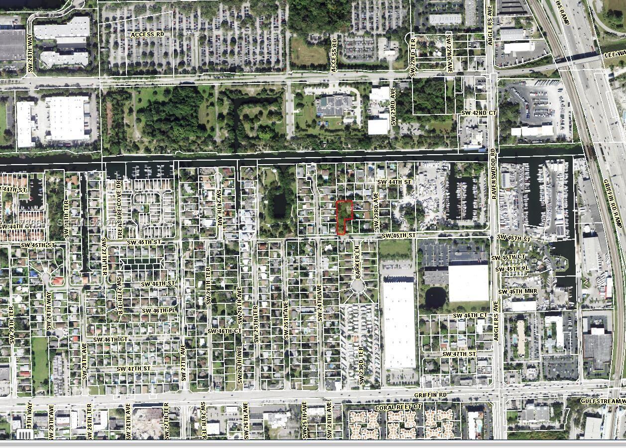 This is an aerial map showing a highlighted property lot within a residential neighborhood — 2361 SW 45th St, Dania Beach FL 33312, DANIA BEACH, FL