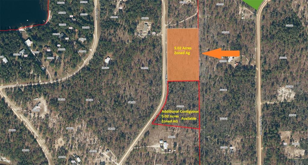 This aerial map shows two adjacent 5.02-acre agricultural lots outlined in red and orange — 143 QUAIL WAY, HAWTHORNE, FL