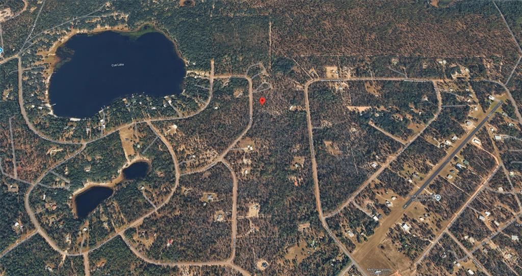 This aerial map shows a wooded residential area with lakes and a small airport runway — 143 QUAIL WAY, HAWTHORNE, FL