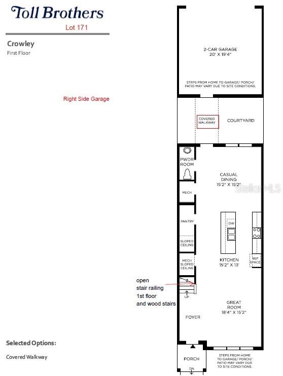 This floor plan shows the first level of a home featuring a garage, courtyard, and kitchen — 12830 SUNSET WALK DRIVE, WINTER GARDEN, FL