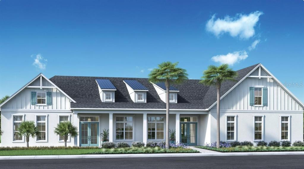 This is a digital rendering of a white, single-story farmhouse with a dark shingled roof — 12830 SUNSET WALK DRIVE, WINTER GARDEN, FL