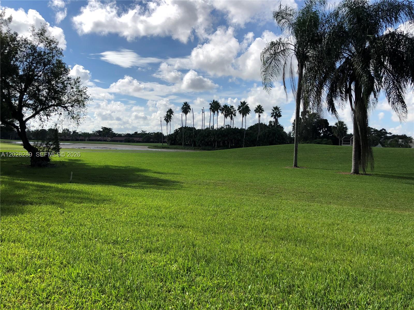 A grassy lawn features scattered palm trees and a large tree overlooking a distant pond — 16300 Golf Club Rd # 105, Weston FL 33326, WESTON, FL