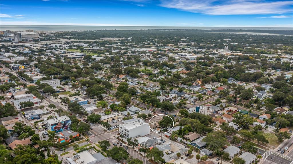 An aerial view shows a residential neighborhood with a circled house in the center — 2701 1ST AVENUE S, ST PETERSBURG, FL