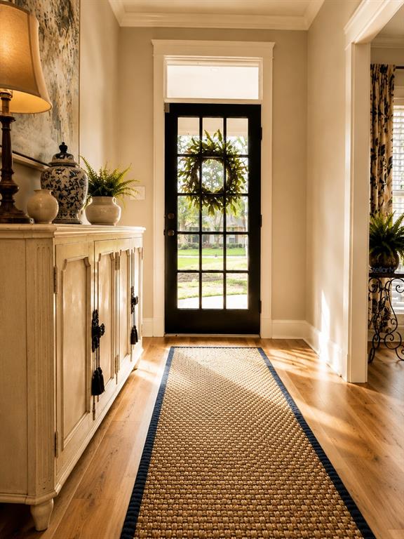 A bright entryway features a black-framed glass door, a woven runner, and a white cabinet — 3922 NW 69TH STREET, GAINESVILLE, FL