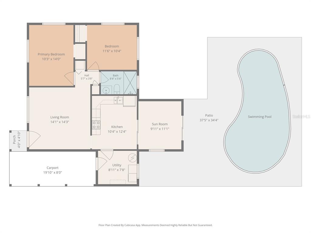 This is a floor plan of a house featuring two bedrooms, a pool, and a carport — 427 1ST AVENUE NE, LARGO, FL