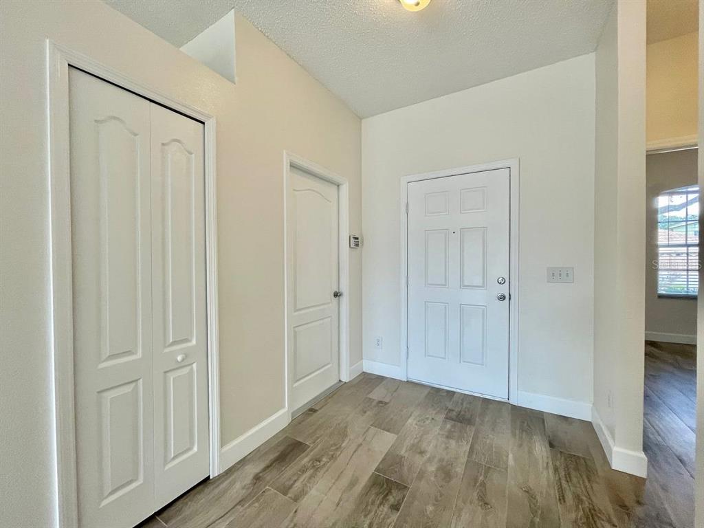 An entryway features light-colored walls, wood-look tile flooring, a white front door, and two closets — 18417 MEADOW BLOSSOM LANE, TAMPA, FL