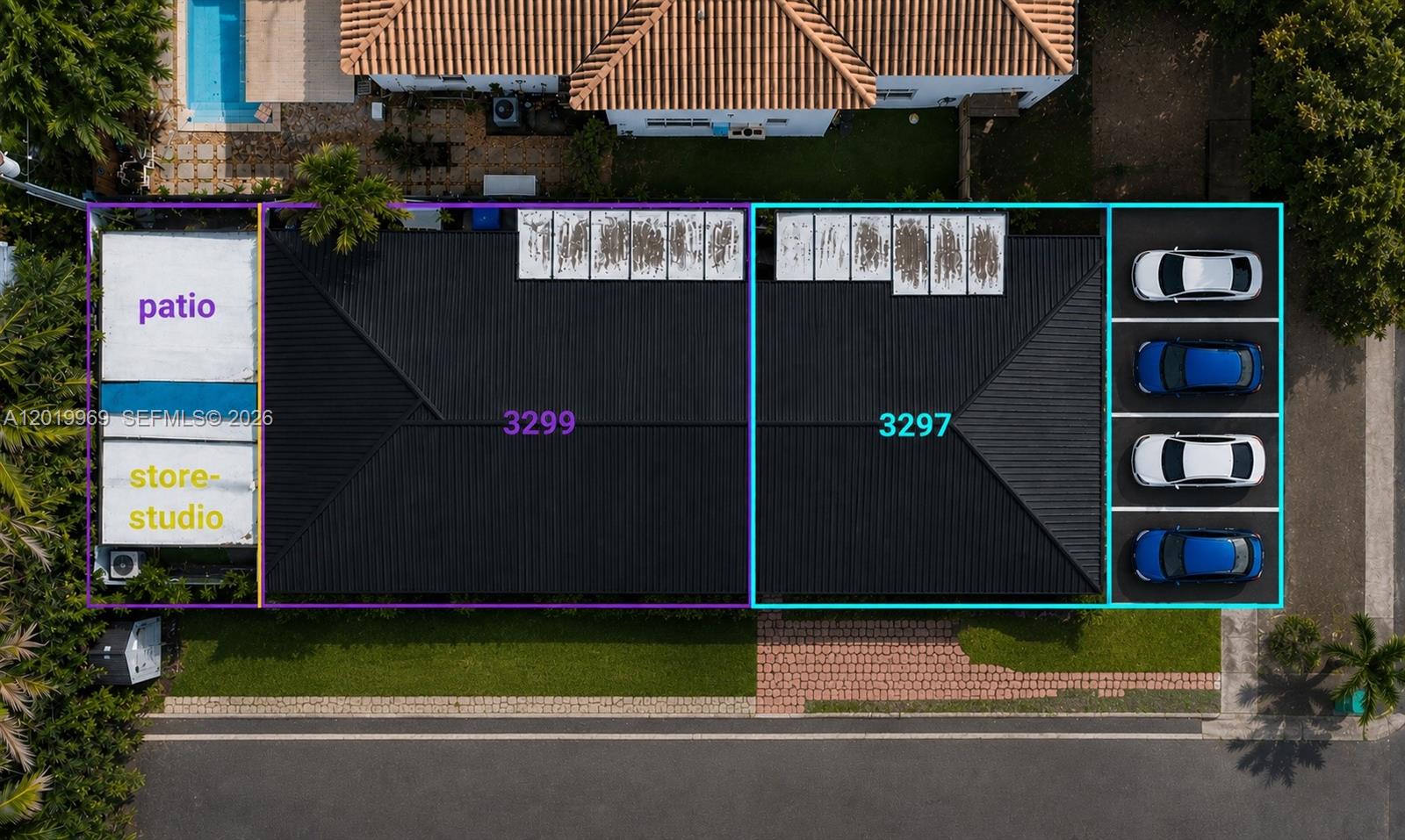 An aerial view shows two adjacent residential units with a patio, storage, and parking spaces — 3297 SW 26th St, Miami FL 33133, MIAMI, FL