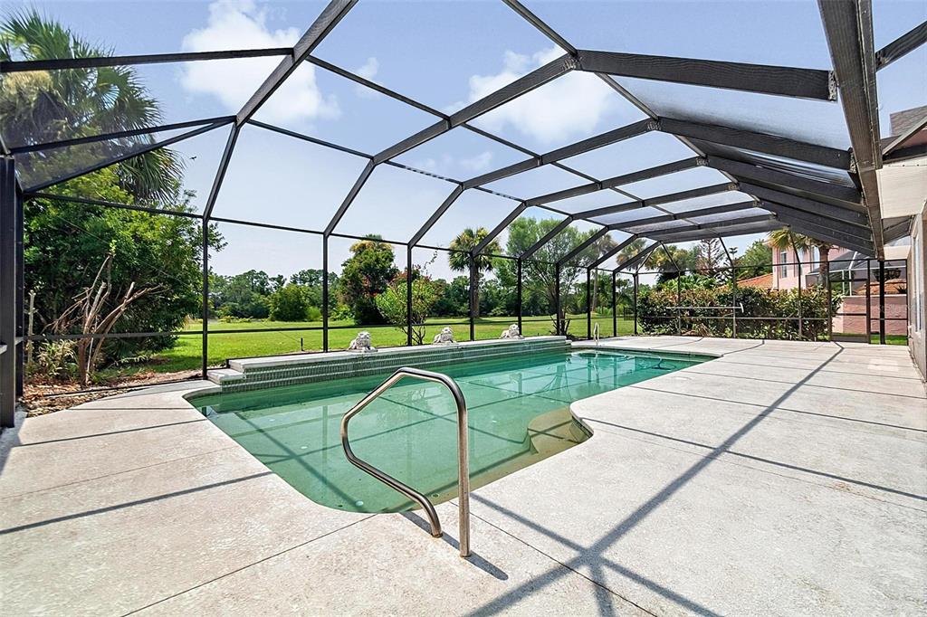 A screened-in swimming pool with a concrete deck and a view of a grassy yard — 41 LUTHER DRIVE, PALM COAST, FL