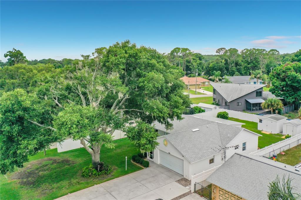 An aerial view shows a single-story house with a large tree in the front yard — 33909 LINDA LANE, LEESBURG, FL