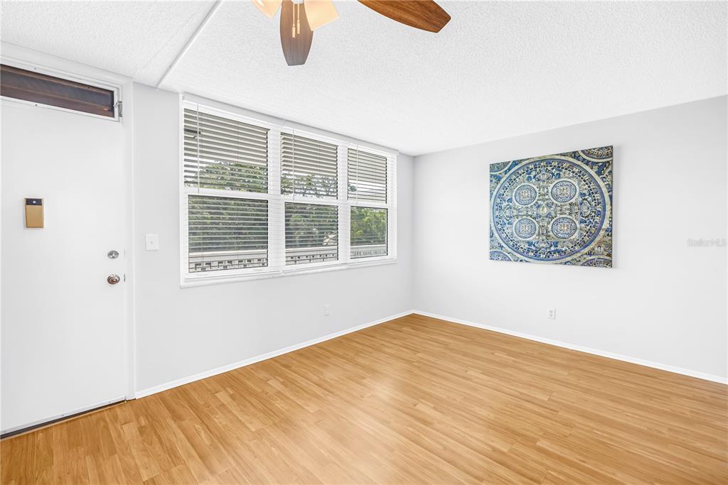 An empty room with light wood flooring, white walls, a ceiling fan, and large windows — 4720 LOCUST STREET NE UNIT 318, ST PETERSBURG, FL