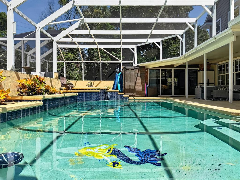 A screened-in swimming pool features a mermaid mosaic on the floor and a raised spa — 33721 SPRING DRIVE, LEESBURG, FL