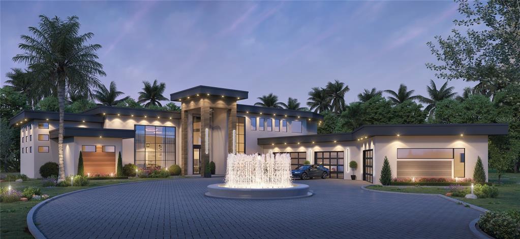 This is a rendering of a modern luxury home with a circular driveway and fountain — 13377 LAKE BUTLER BOULEVARD, WINTER GARDEN, FL